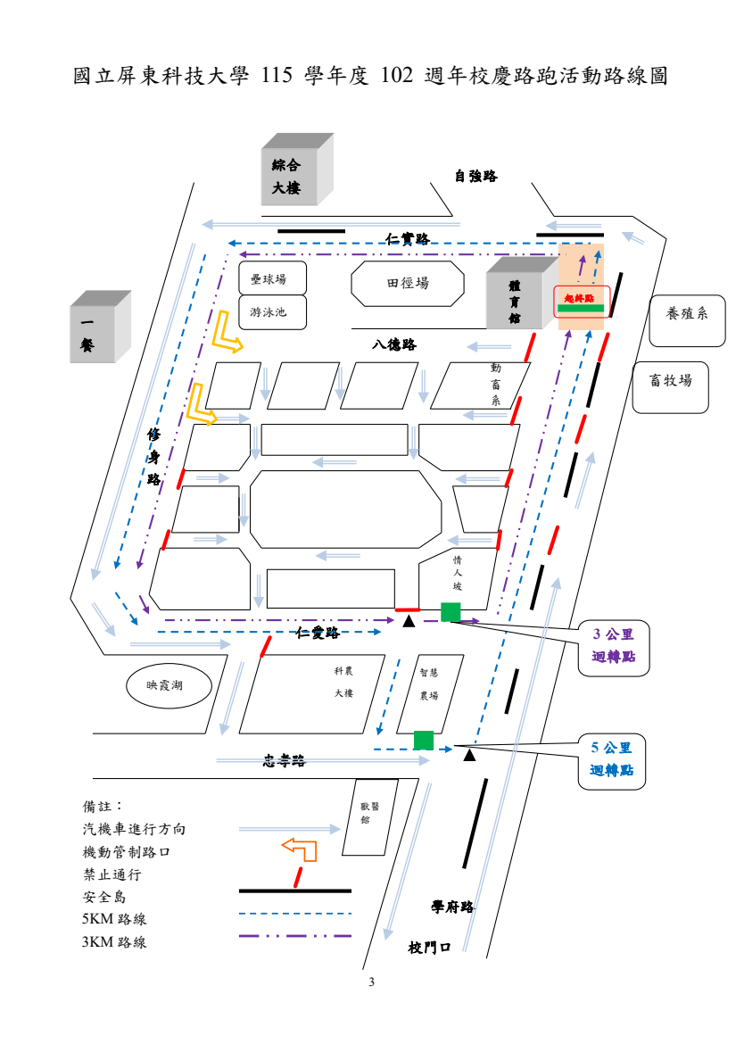 校慶路跑路線圖:體育館起終點,3公里與5公里逆時針路線及管制路口。完整文字與位置請參閱校方附件。